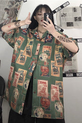 Vintage Chinese Art Pattern Short Sleeve Blouse Shirt